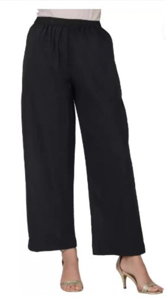 Mayawye Women's Casual Cotton Cambric Solid Elastic Palazzo Trousers (Black)