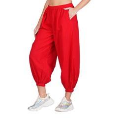 Mayawye Women's Casual Cotton Cambric Solid Elastic Waist Patiala Harem Pants (Red)