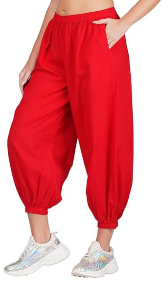 Mayawye Women's Casual Cotton Cambric Solid Elastic Waist Patiala Harem Pants (Red)