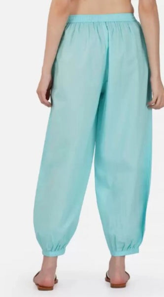 Mayawye Women's Casual Cotton Cambric Solid Elastic Waist Patiala Harem Pants (Blue)