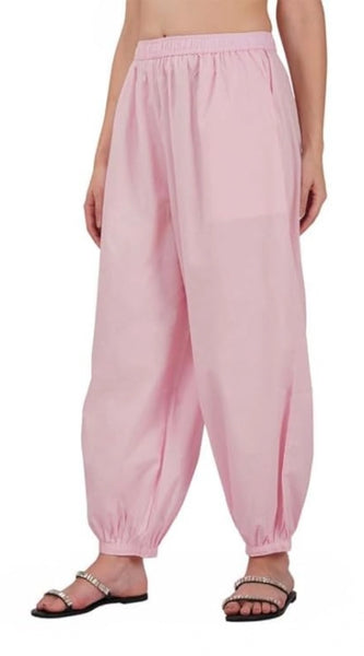 Mayawye Women's Casual Cotton Cambric Solid Elastic Waist Patiala Harem Pants (Pink)