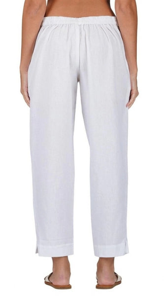 Mayawye Women's Casual Cotton Flax Solid Adjustable Waist Trouser Pants (White)
