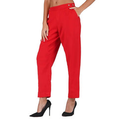 Mayawye Women's Casual Cotton Flax Solid Adjustable Waist Trouser Pants (Red)