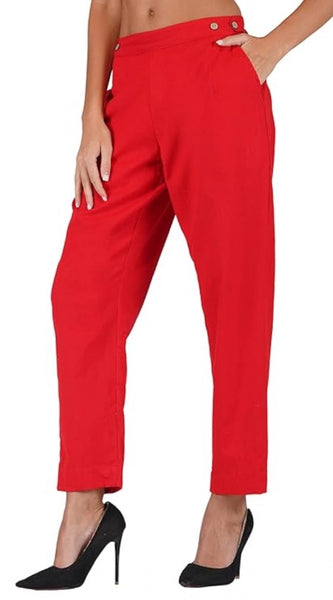 Mayawye Women's Casual Cotton Flax Solid Adjustable Waist Trouser Pants (Red)