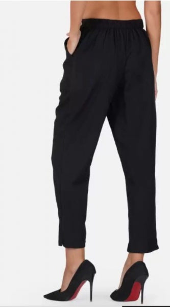 Mayawye Women's Casual Cotton Flax Solid Adjustable Waist Trouser Pants (Black)