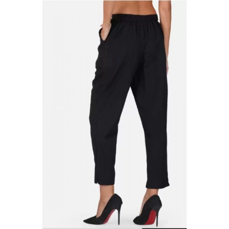 Mayawye Women's Casual Cotton Flax Solid Adjustable Waist Trouser Pants (Black)