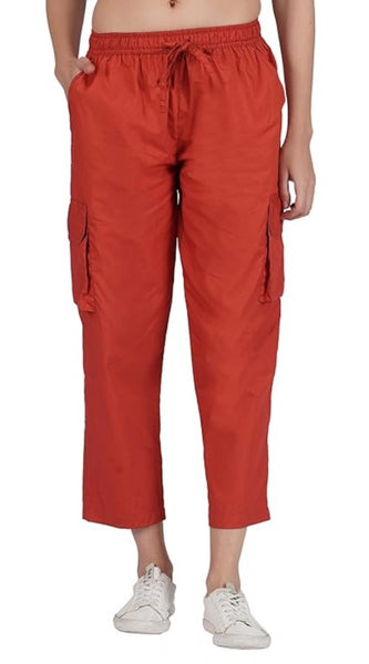 Mayawye Women's Casual Cotton Solid Cargo Pants (Rust)