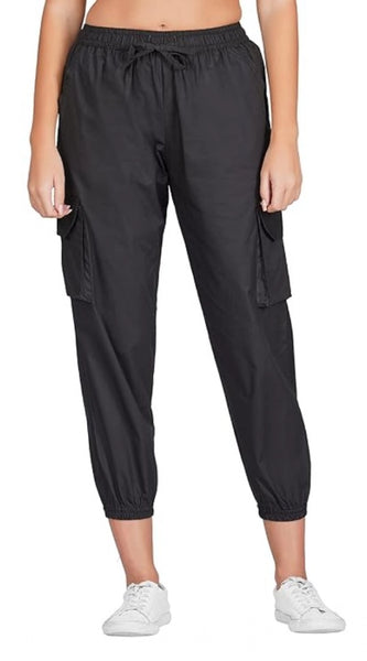 Mayawye Women's Casual Cotton Solid Elastic with Drawstring Cargo Pants (Black)