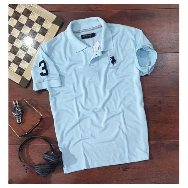 Mayawye Men's Casual Half sleeve Solid Cotton Polo Neck T-shirt (Sky Blue)