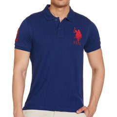 Mayawye Men's Casual Half sleeve Solid Cotton Polo Neck T-shirt (Dark Blue)