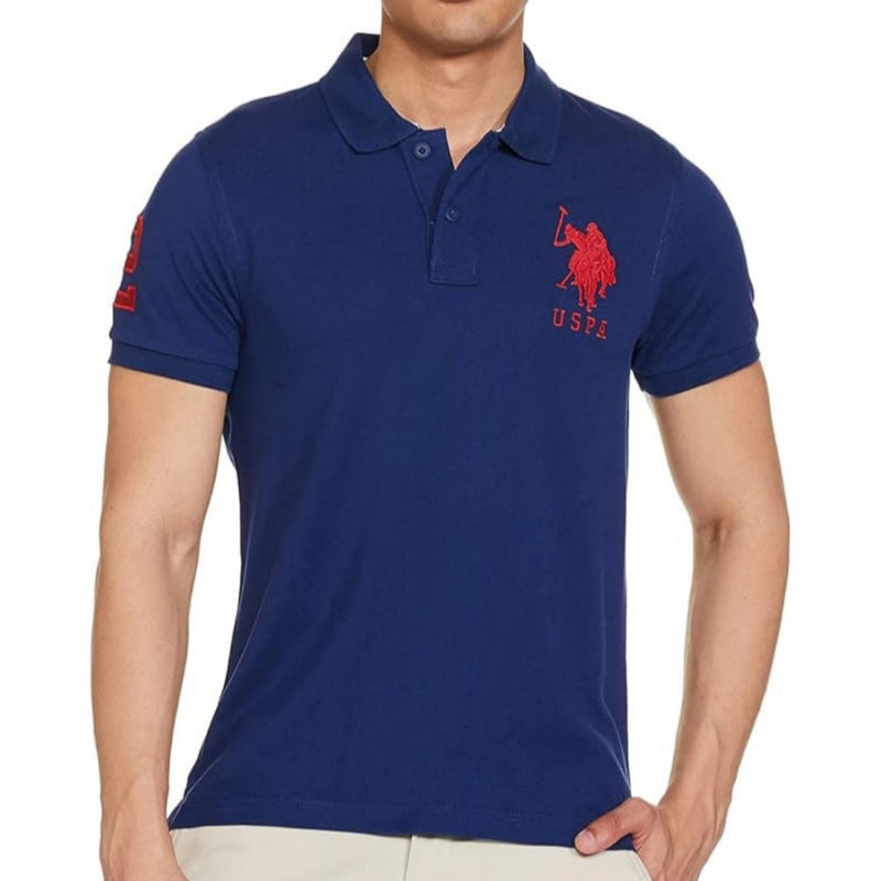 Mayawye Men's Casual Half sleeve Solid Cotton Polo Neck T-shirt (Dark Blue)