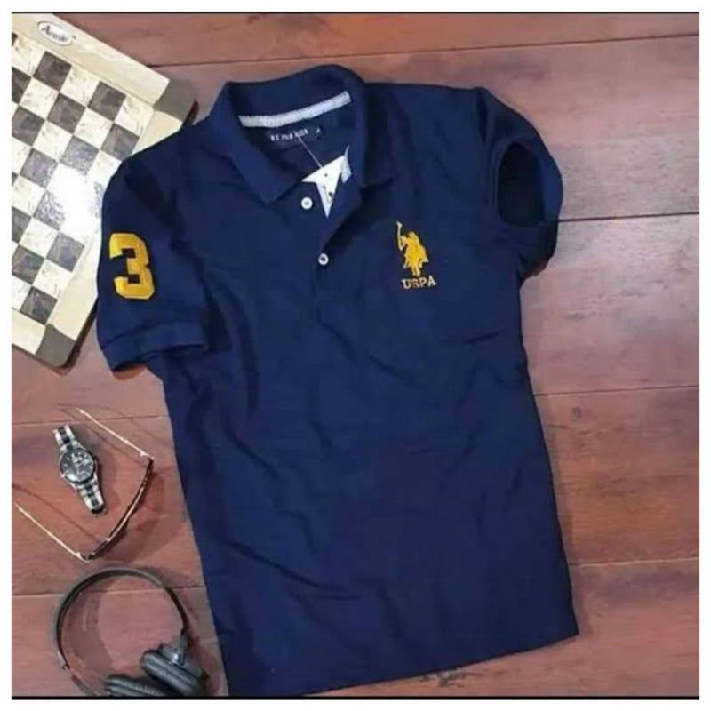 Mayawye Men's Casual Half sleeve Solid Cotton Polo Neck T-shirt (Navy)