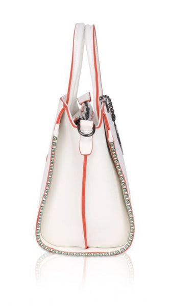 Mayawye Women's Faux Leather Metal Beads Handbag (White)