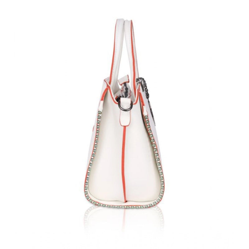 Mayawye Women's Faux Leather Metal Beads Handbag (White)