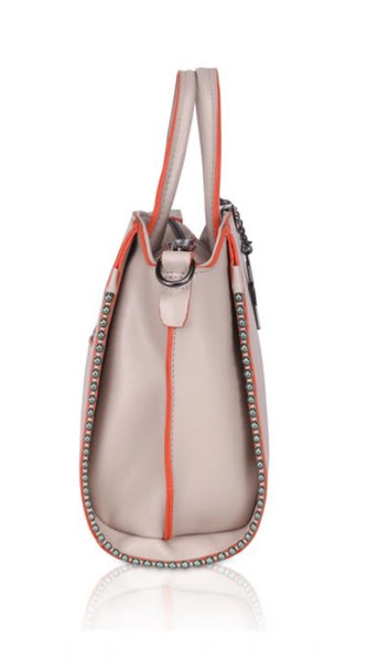 Mayawye Women's Faux Leather Metal Beads Handbag (Khaki)