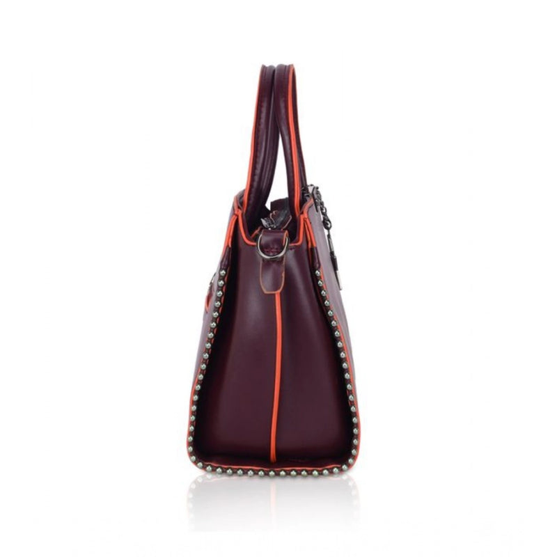 Mayawye Women's Faux Leather Metal Beads Handbag (Wine Red)