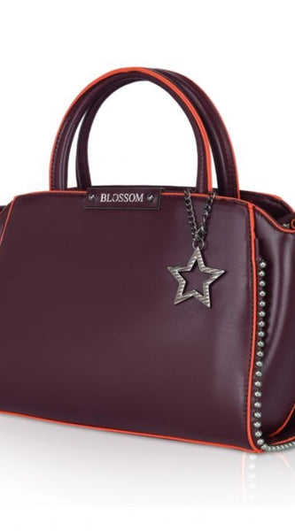 Mayawye Women's Faux Leather Metal Beads Handbag (Wine Red)