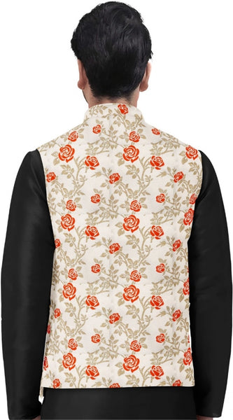 Mayawye Men's Jacquard Printed Full Sleeve Waistcoat (Orange-Beige)