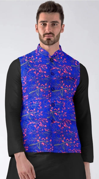 Mayawye Men's Jacquard Printed Full Sleeve Waistcoat (Blue)