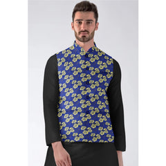 Mayawye Men's Jacquard Printed Full Sleeve Waistcoat (Blue)