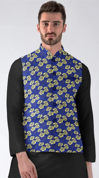Mayawye Men's Jacquard Printed Full Sleeve Waistcoat (Blue)