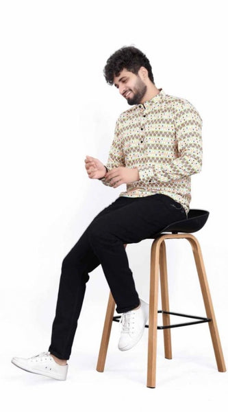Mayawye Men's Cotton Blended Printed Full Sleeve Shortkurta (Multicolor)