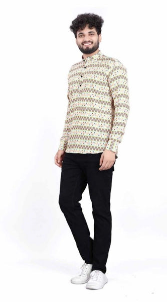 Mayawye Men's Cotton Blended Printed Full Sleeve Shortkurta (Multicolor)