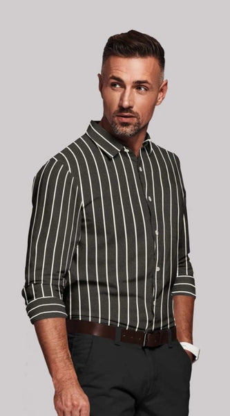 Mayawye Men's Cotton Blended Striped Full Sleeve Shirt (Black-White)