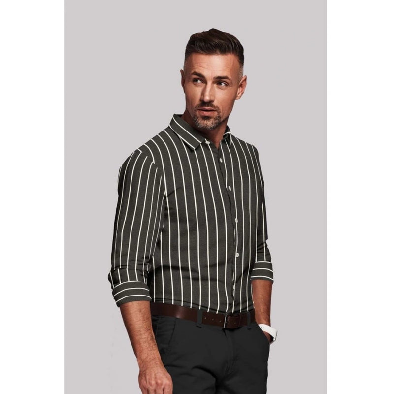 Mayawye Men's Cotton Blended Striped Full Sleeve Shirt (Black-White)