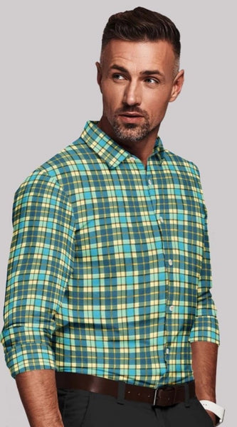Mayawye Men's Cotton Blended Checked Full Sleeve Shirt (Green-Yellow)