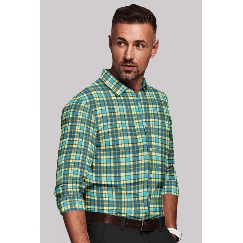 Mayawye Men's Cotton Blended Checked Full Sleeve Shirt (Green-Yellow)
