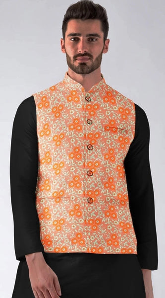Mayawye Men's Jacquard Printed Full Sleeve Waistcoat (Orange)