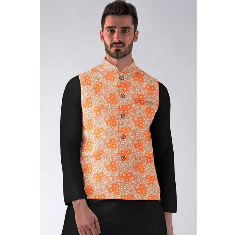 Mayawye Men's Jacquard Printed Full Sleeve Waistcoat (Orange)
