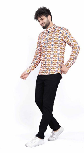 Mayawye Men's Cotton Blended Printed Full Sleeve Shortkurta (Multicolor)