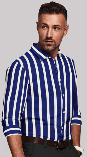 Mayawye Men's Cotton Blended Striped Full Sleeve Shirt (White-Blue)