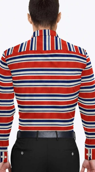 Mayawye Men's Cotton Blended Striped Full Sleeve Shirt (Red-Blue)