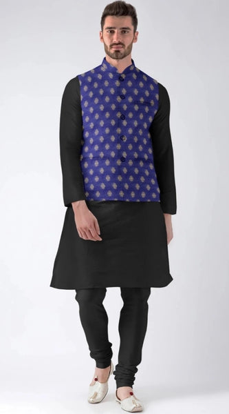 Mayawye Men's Jacquard Printed Full Sleeve Waistcoat (Blue)