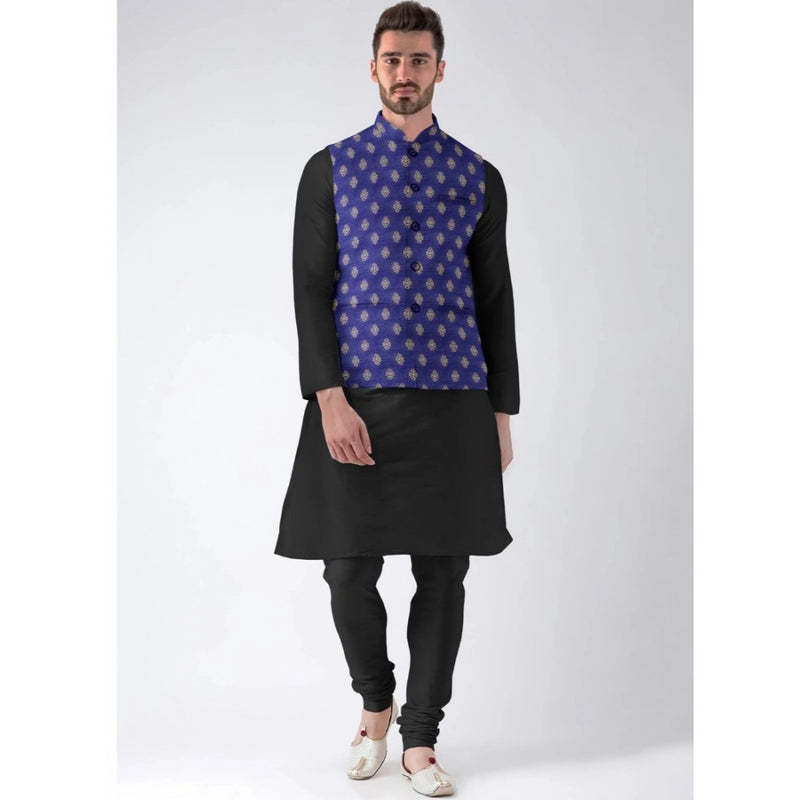 Mayawye Men's Jacquard Printed Full Sleeve Waistcoat (Blue)