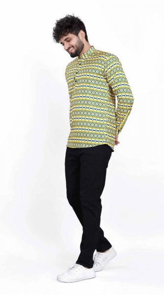 Mayawye Men's Cotton Blended Printed Full Sleeve Shortkurta (Multicolor)