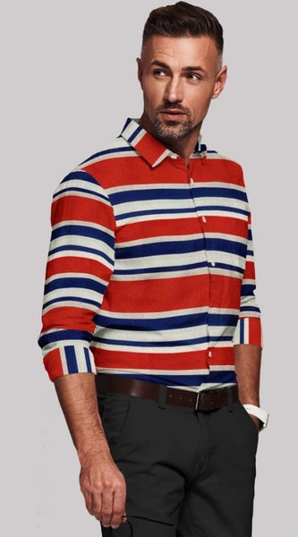 Mayawye Men's Cotton Blended Striped Full Sleeve Shirt (Red-Blue)