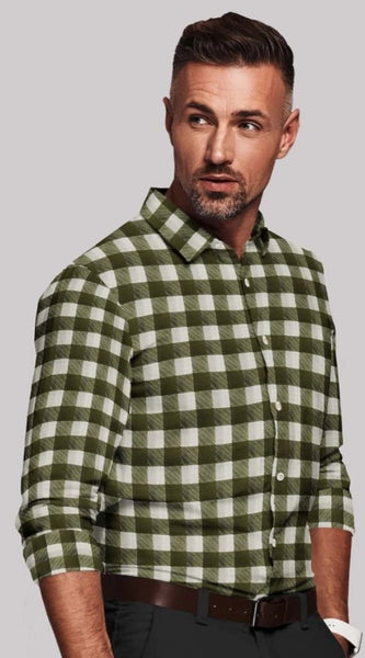 Mayawye Men's Cotton Blended Checked Full Sleeve Shirt (White-Green)