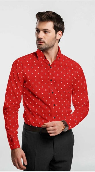 Mayawye Men's Cotton Blended Printed Full Sleeve Shirt (Red)