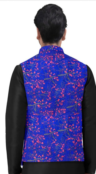 Mayawye Men's Jacquard Printed Full Sleeve Waistcoat (Blue)