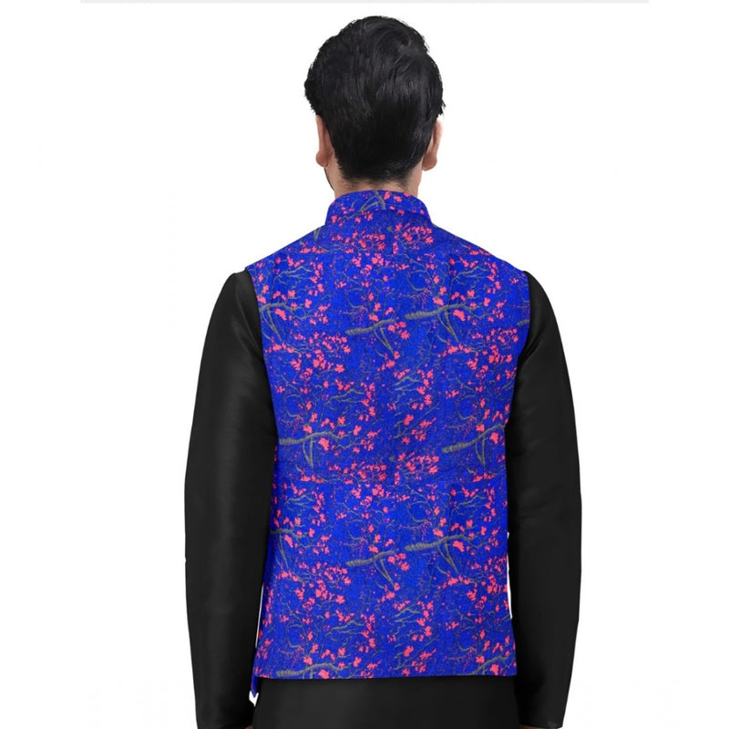 Mayawye Men's Jacquard Printed Full Sleeve Waistcoat (Blue)