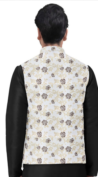 Mayawye Men's Jacquard Printed Full Sleeve Waistcoat (Beige)
