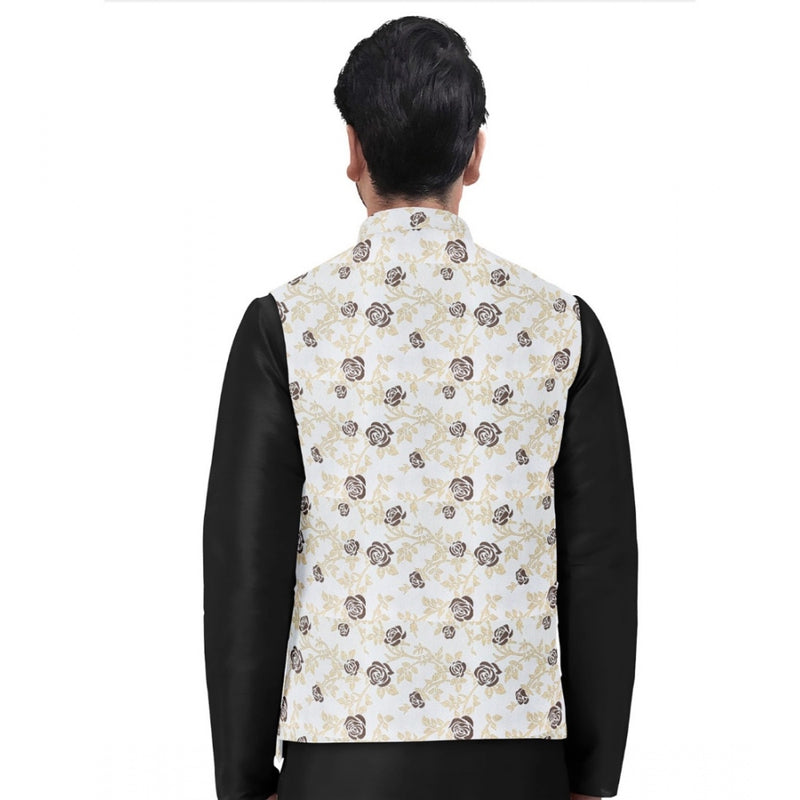 Mayawye Men's Jacquard Printed Full Sleeve Waistcoat (Beige)
