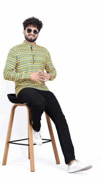 Mayawye Men's Cotton Blended Printed Full Sleeve Shortkurta (Multicolor)