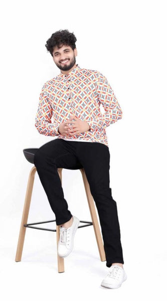 Mayawye Men's Cotton Blended Printed Full Sleeve Shortkurta (Multicolor)