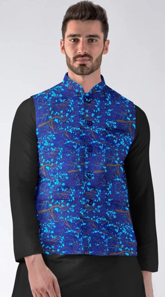 Mayawye Men's Jacquard Printed Full Sleeve Waistcoat (Blue)