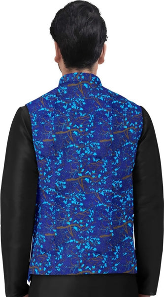 Mayawye Men's Jacquard Printed Full Sleeve Waistcoat (Blue)